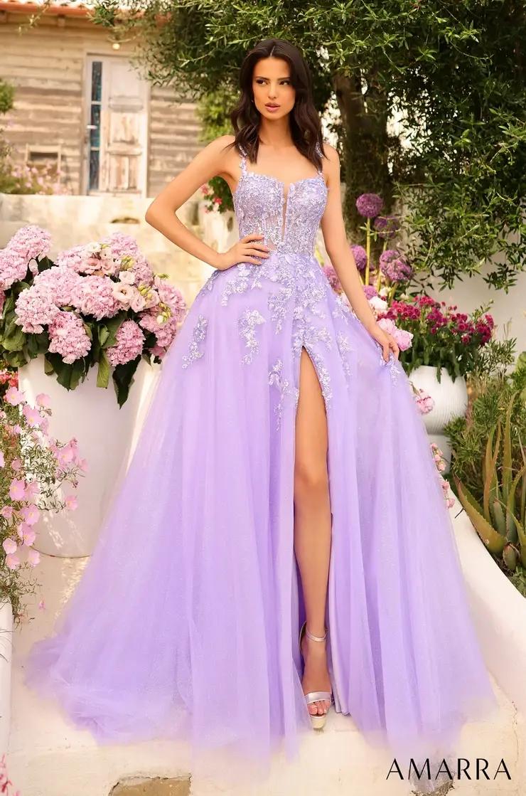 Model wearing a purple dress by Amarra