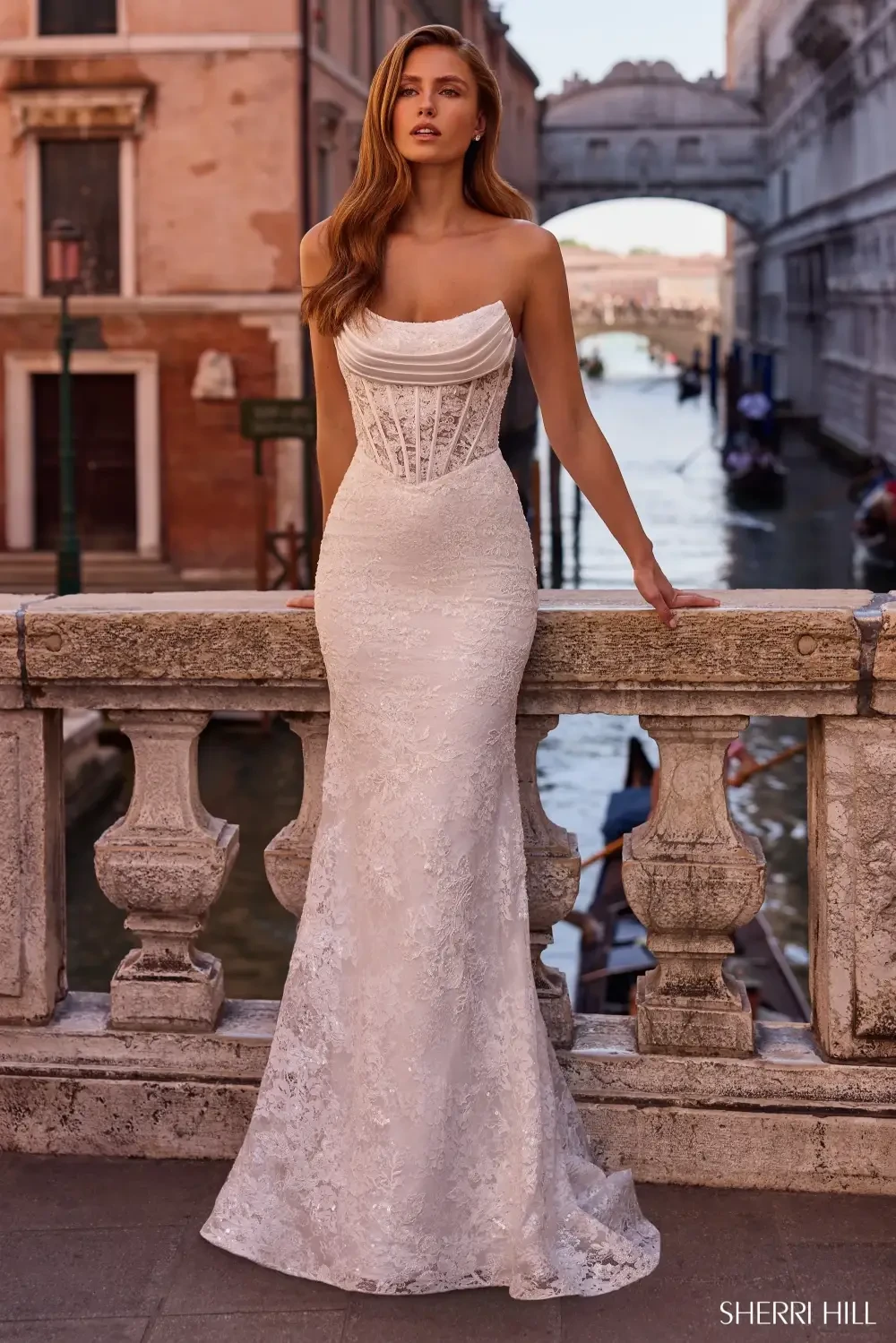 Model wearing a dress by Sherri hill