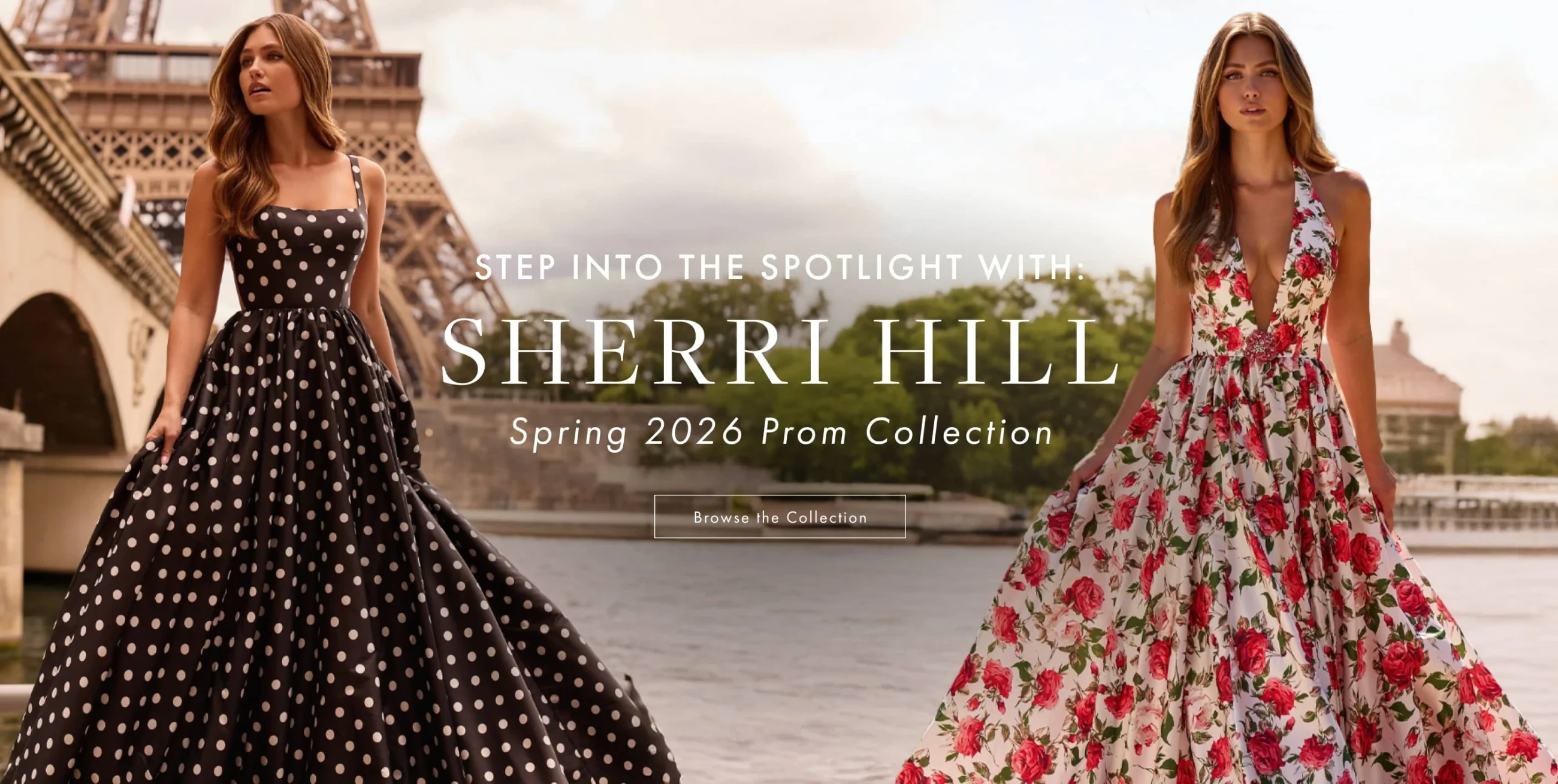 Models wearing Sherri Hill Prom gowns, Sherri Hill Spring 2026 desktop banner